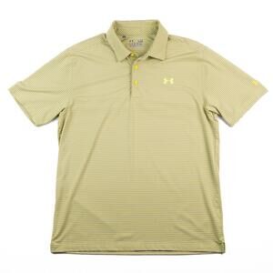 Under Armour Polo Shirt Mens Large Yellow Gray Stripe HeatGear Golf Casual